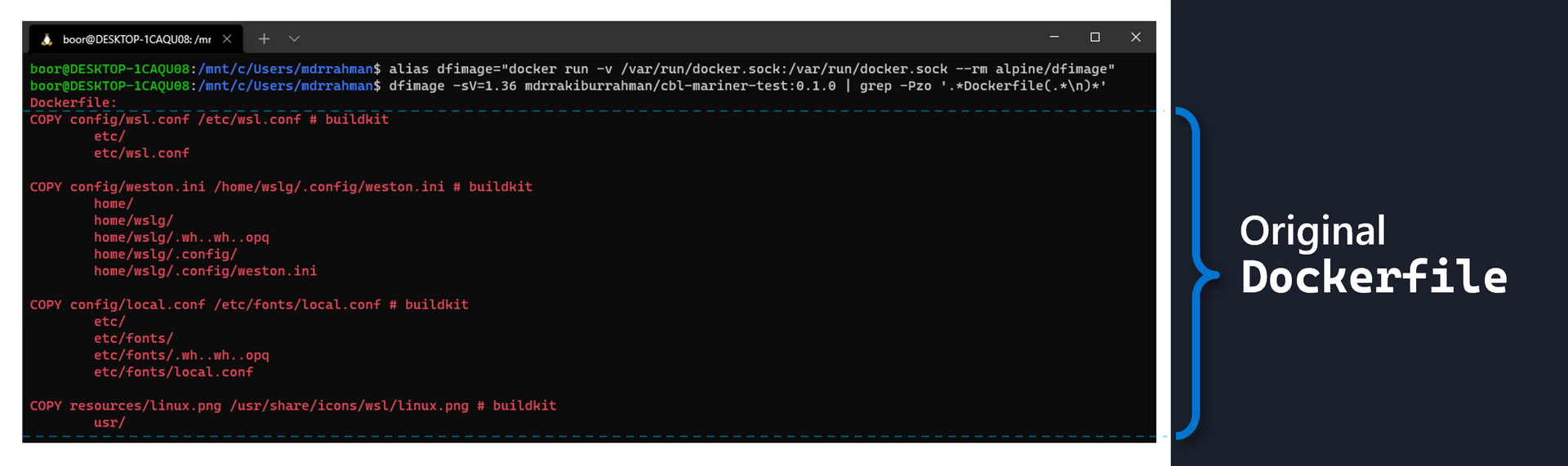 Getting the Dockerfile out of our Mariner Image without access to repo