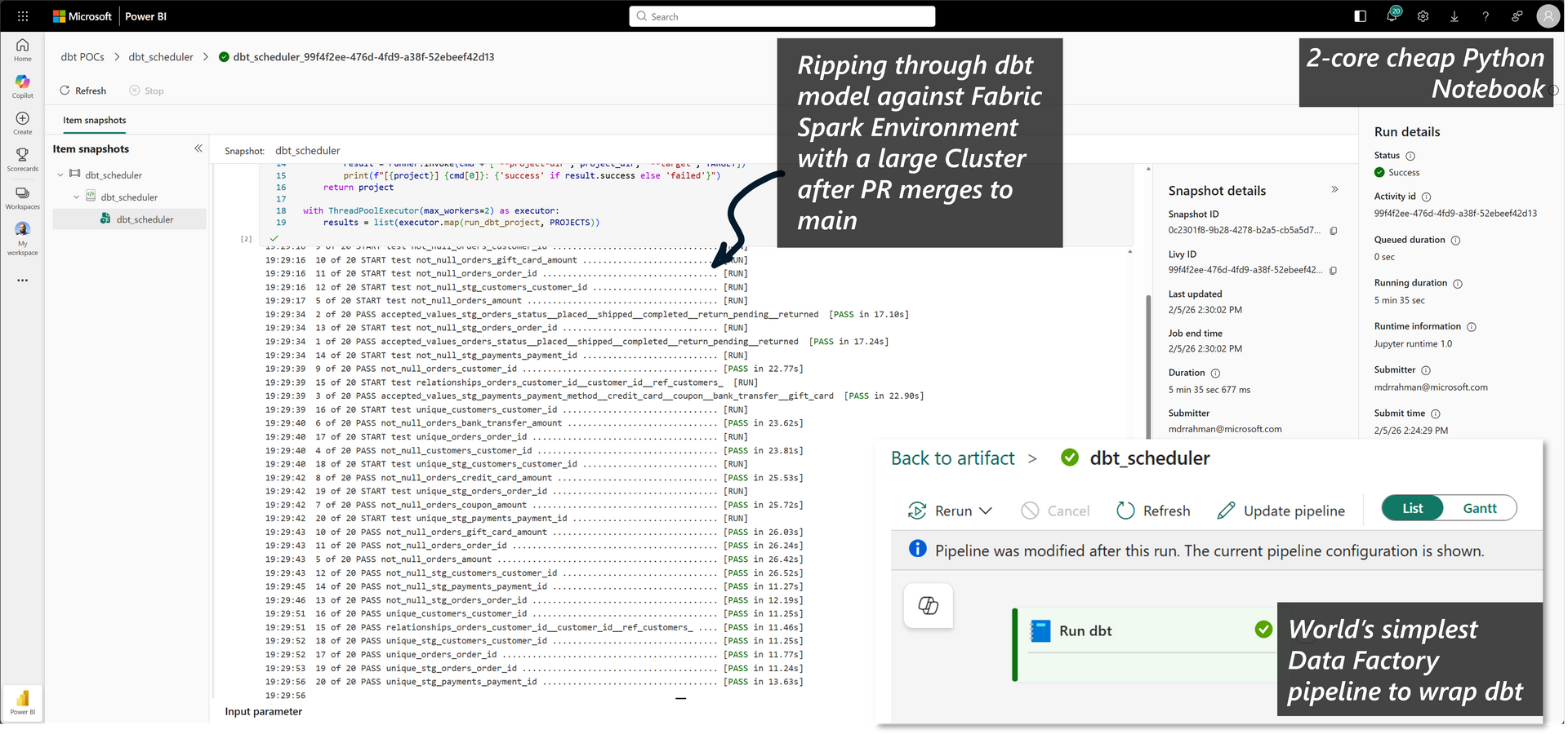 Running the same dbt project in Fabric Spark against production volumes with large Spark Clusters