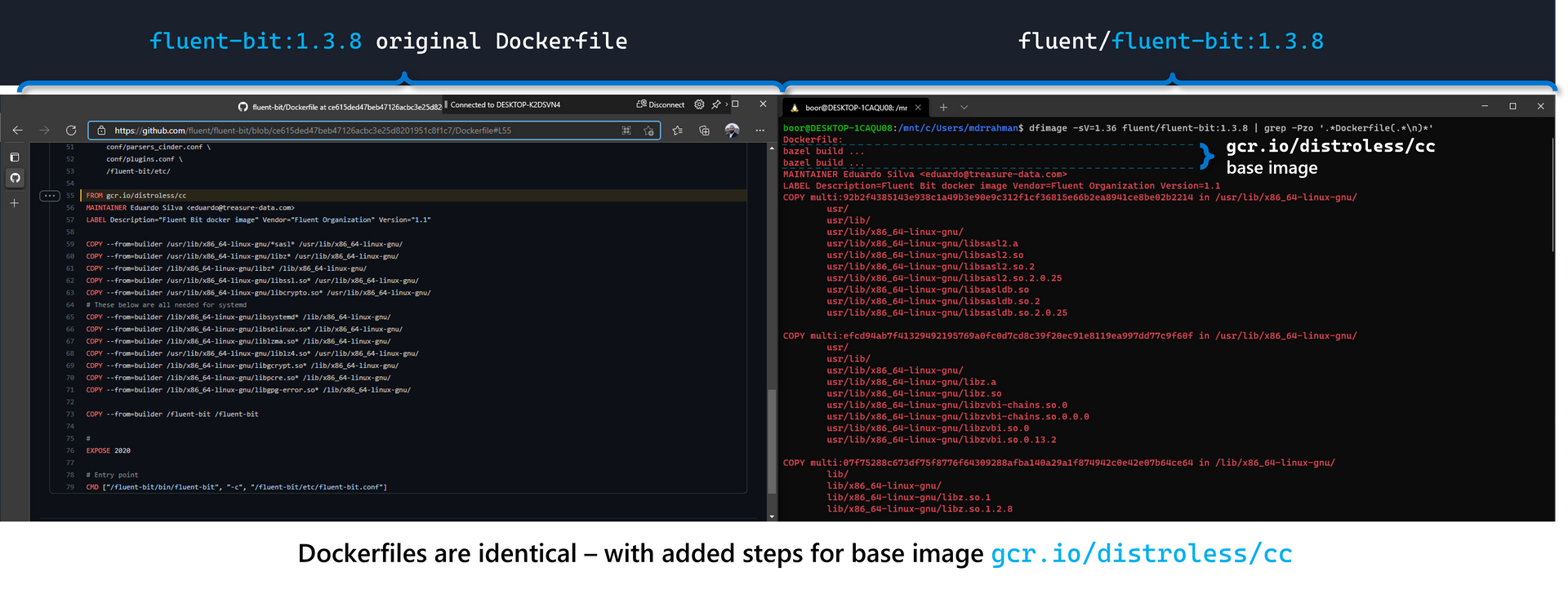 Reverese Engineered Fluentbit Dockerfile vs Original