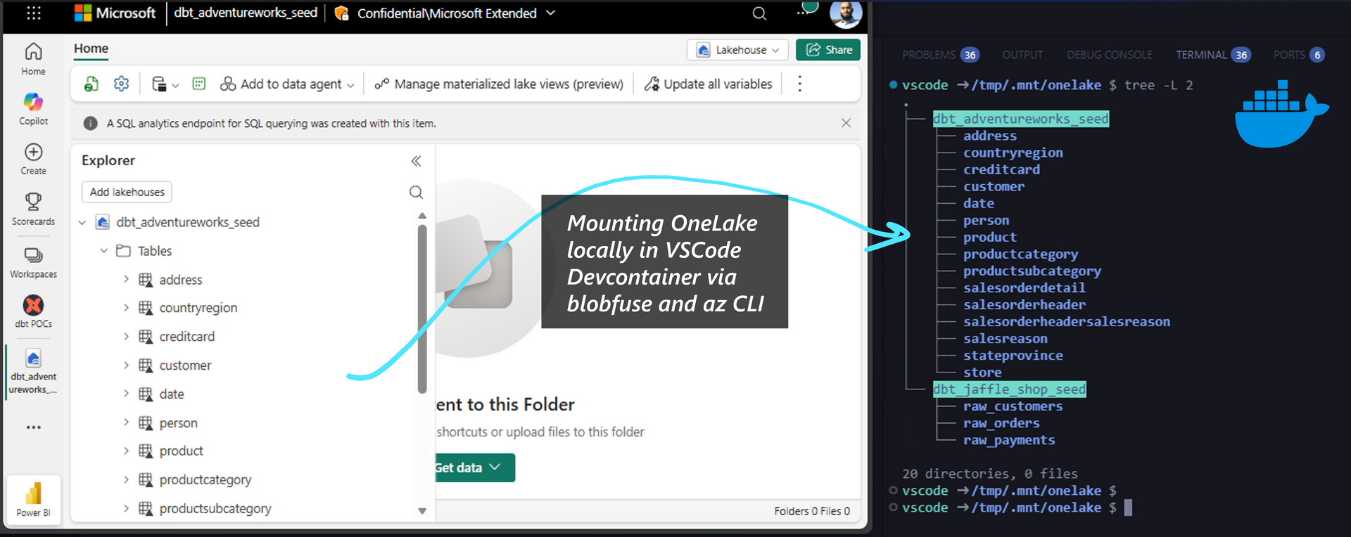 Mounting OneLake into local VSCode Devcontainer using blobfuse as a regular read-only folder