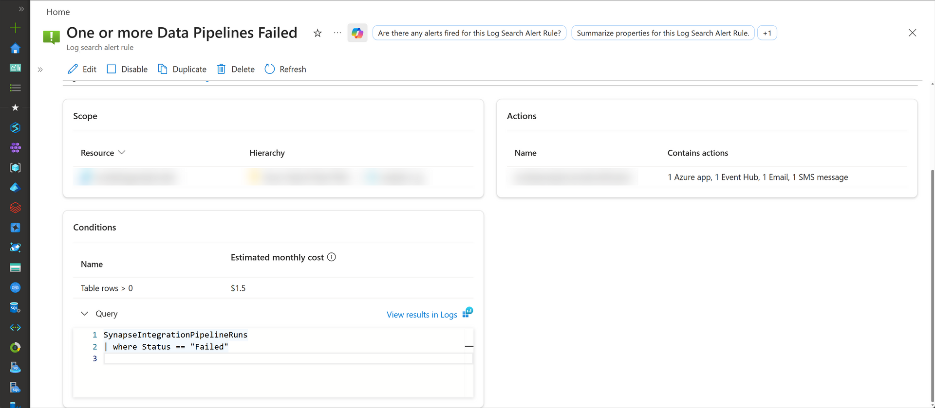 Alert Configuration in Synapse that fires whenever something fails every 5 minutes